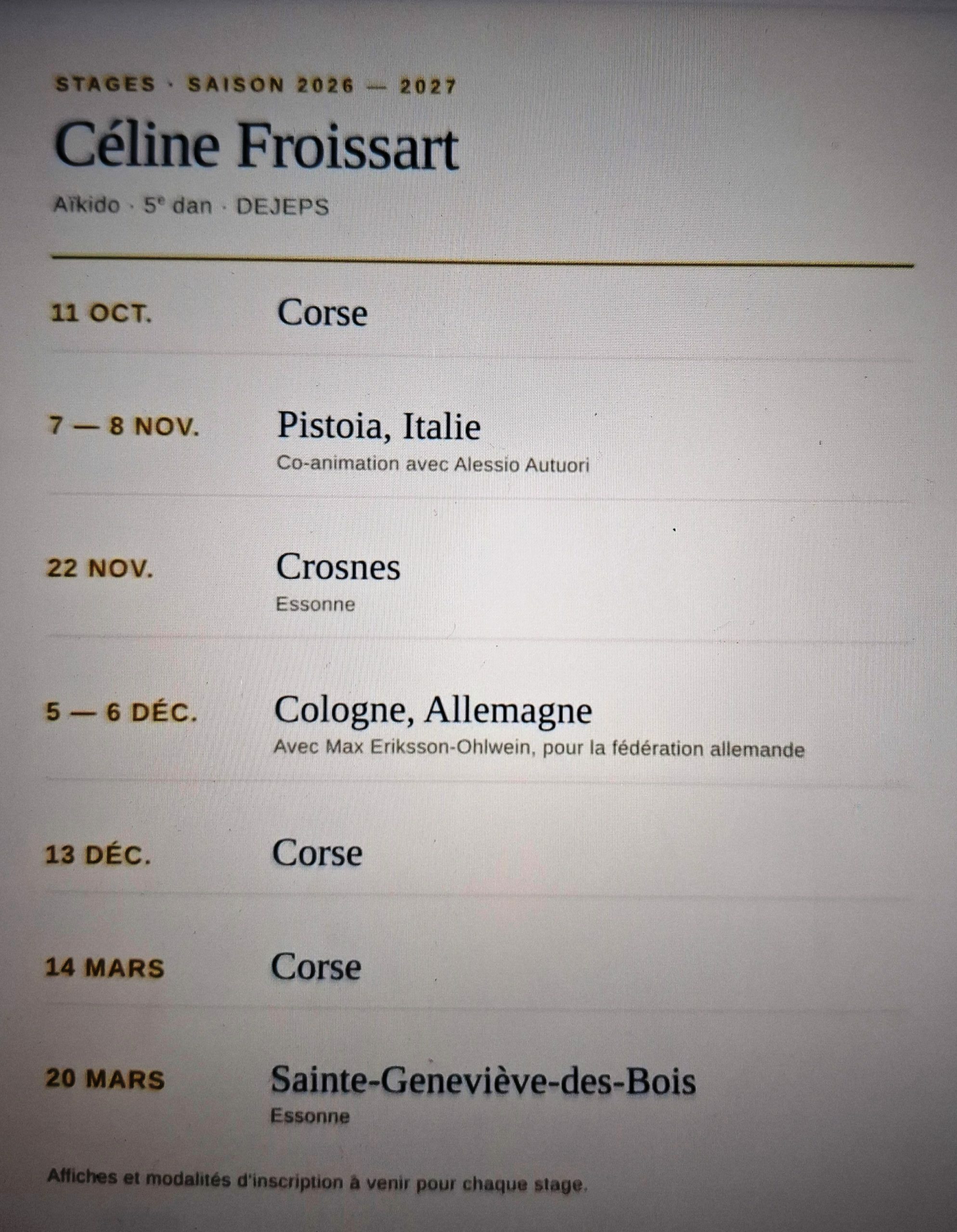 Stages et évènements à venir